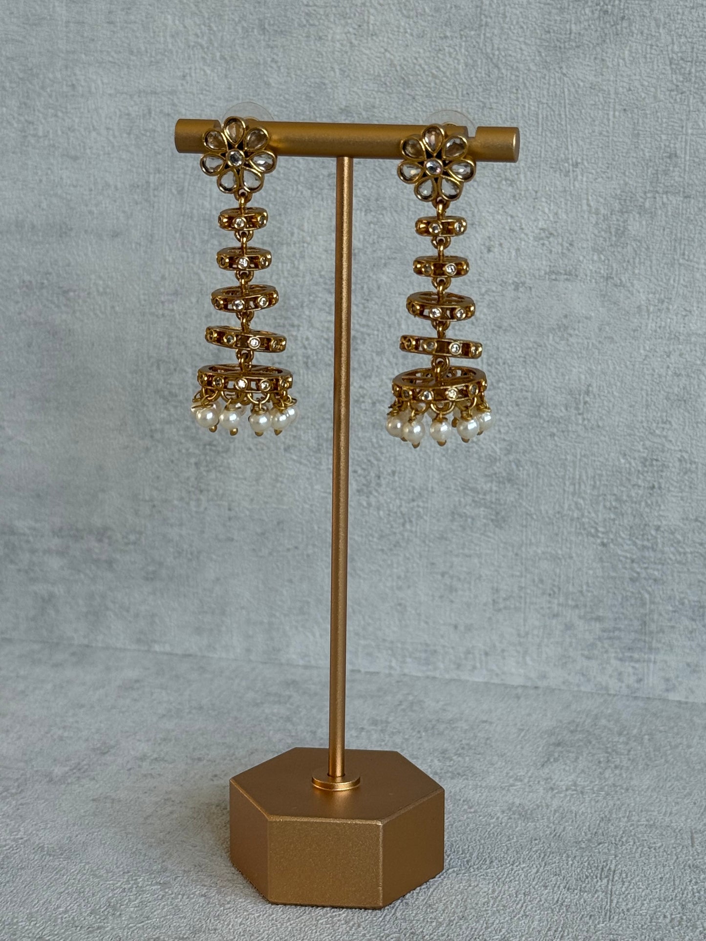 Ayura Designs Adira Jhumkis – Gold Floral Jhumkis with Layered Crystal Rings & Pearl Drops