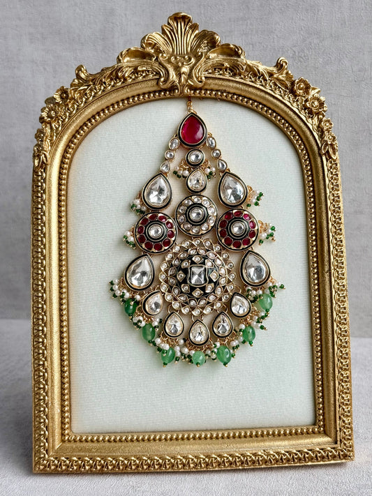 Ayura Designs Suhana Jhoomar Passa – Kundan Jhoomar with Jade Green Drops, Ruby Pink Stone Detail & Pearl Accents
