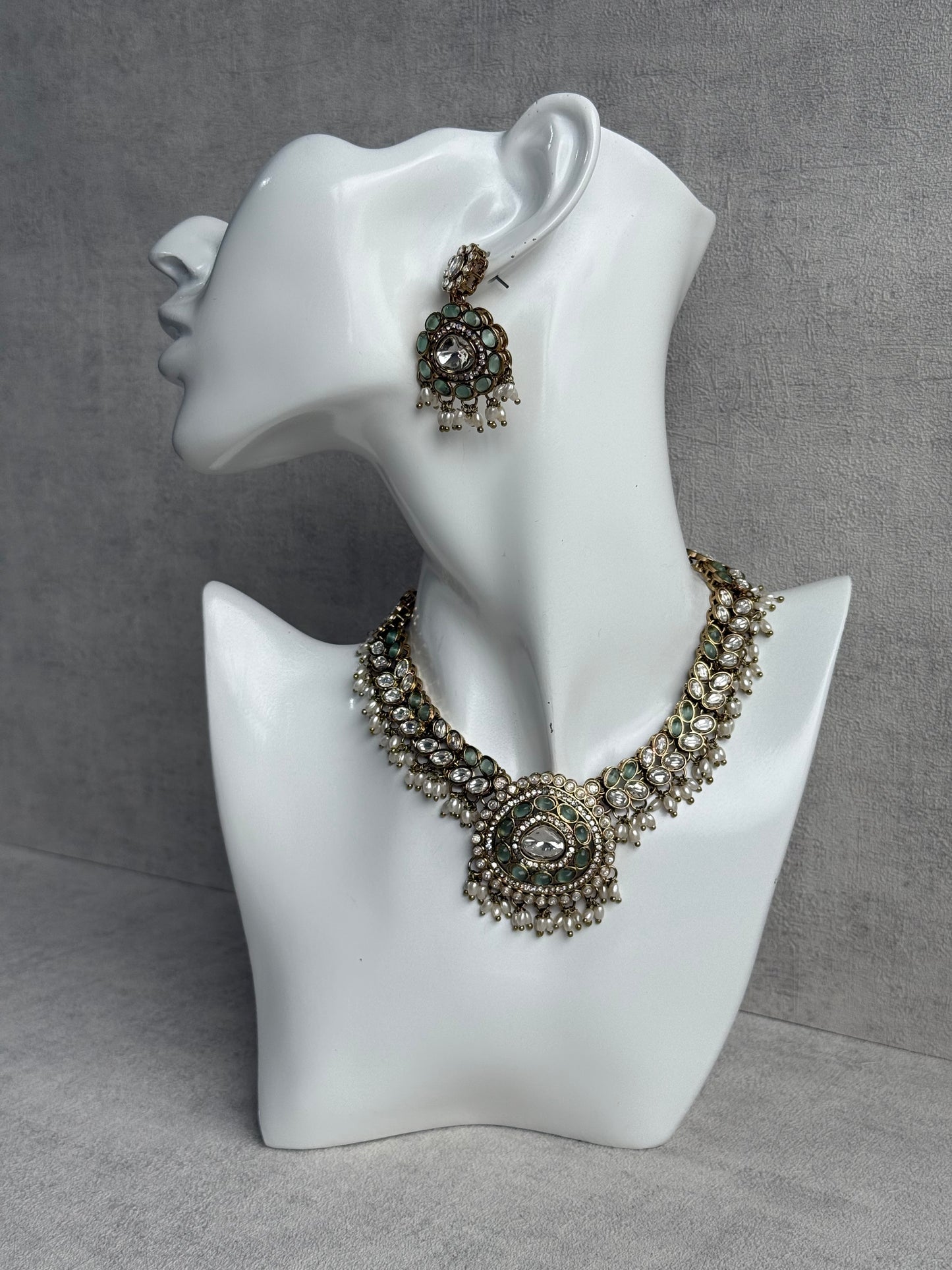 Ayura Designs Warda Set with Earrings & Tikka – Pistachio Green Ovals, Mirror-Cut Stones & Ivory Pearls