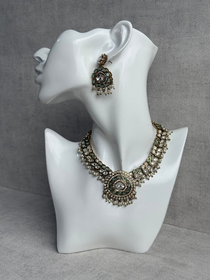 Ayura Designs Warda Set with Earrings & Tikka – Pistachio Green Ovals, Mirror-Cut Stones & Ivory Pearls