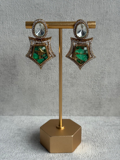 Ayura Designs Krupa Set – Necklace & Earrings with Green Stone featuring Natural Marbling, Mirror-Cut Kundan & Antique Gold Detailing