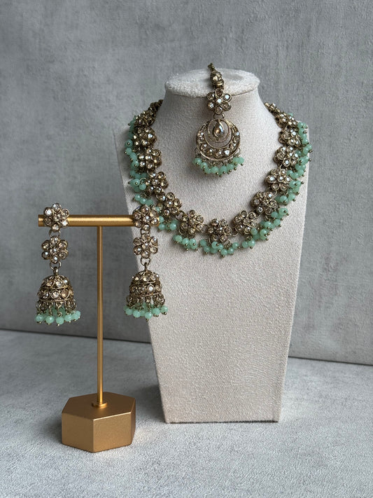 Ayura Designs Asima Set with Jhumkis & Tikka - Champagne Stones & Teal Beads