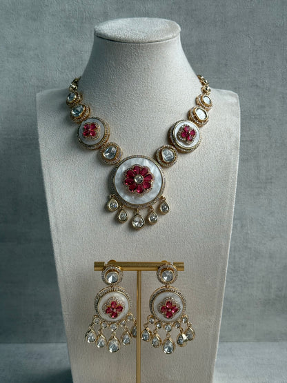 Ayura Designs Wisah Set – Necklace & Earrings with Mother of Pearl, Ruby Pink Stones & Mirror-Cut Detailing
