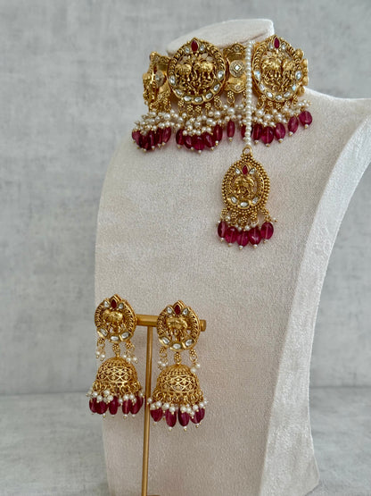 Ayura Designs Tanu Choker Set with Earrings & Tikka – A Golden Harmony of Pearls, Ruby Red Accents & Intricate Gold Detailing