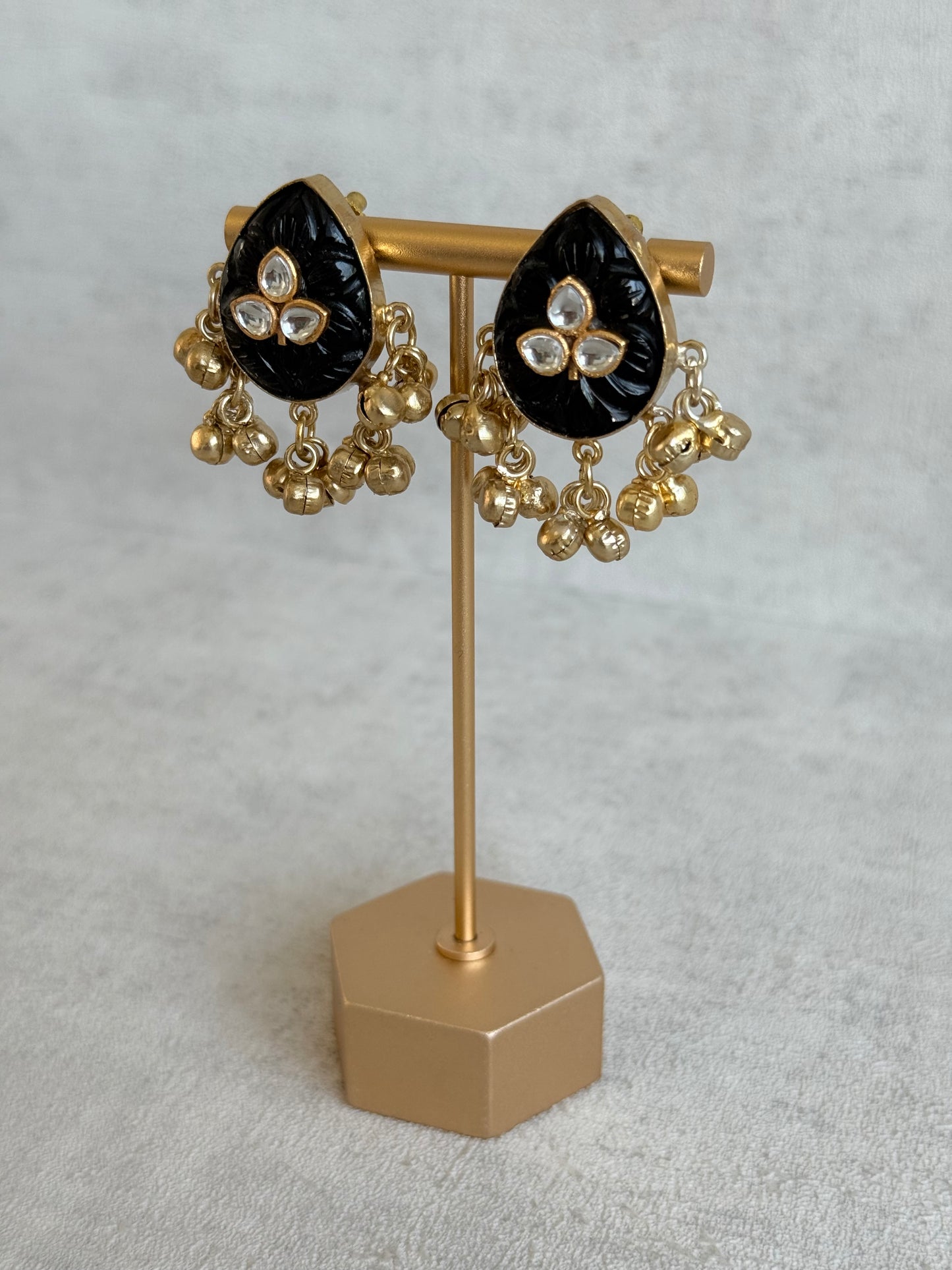 Ayura Designs Aykai Earrings – Black Carved Teardrop Stud Earrings with Clear Kundan Stones & Gold Ghungroo Drops