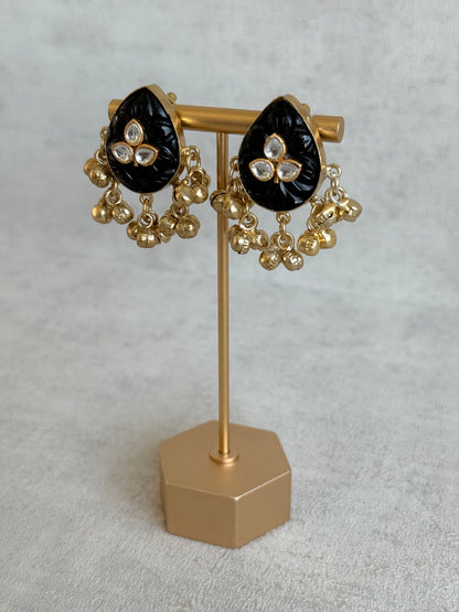 Ayura Designs Aykai Earrings – Black Carved Teardrop Stud Earrings with Clear Kundan Stones & Gold Ghungroo Drops