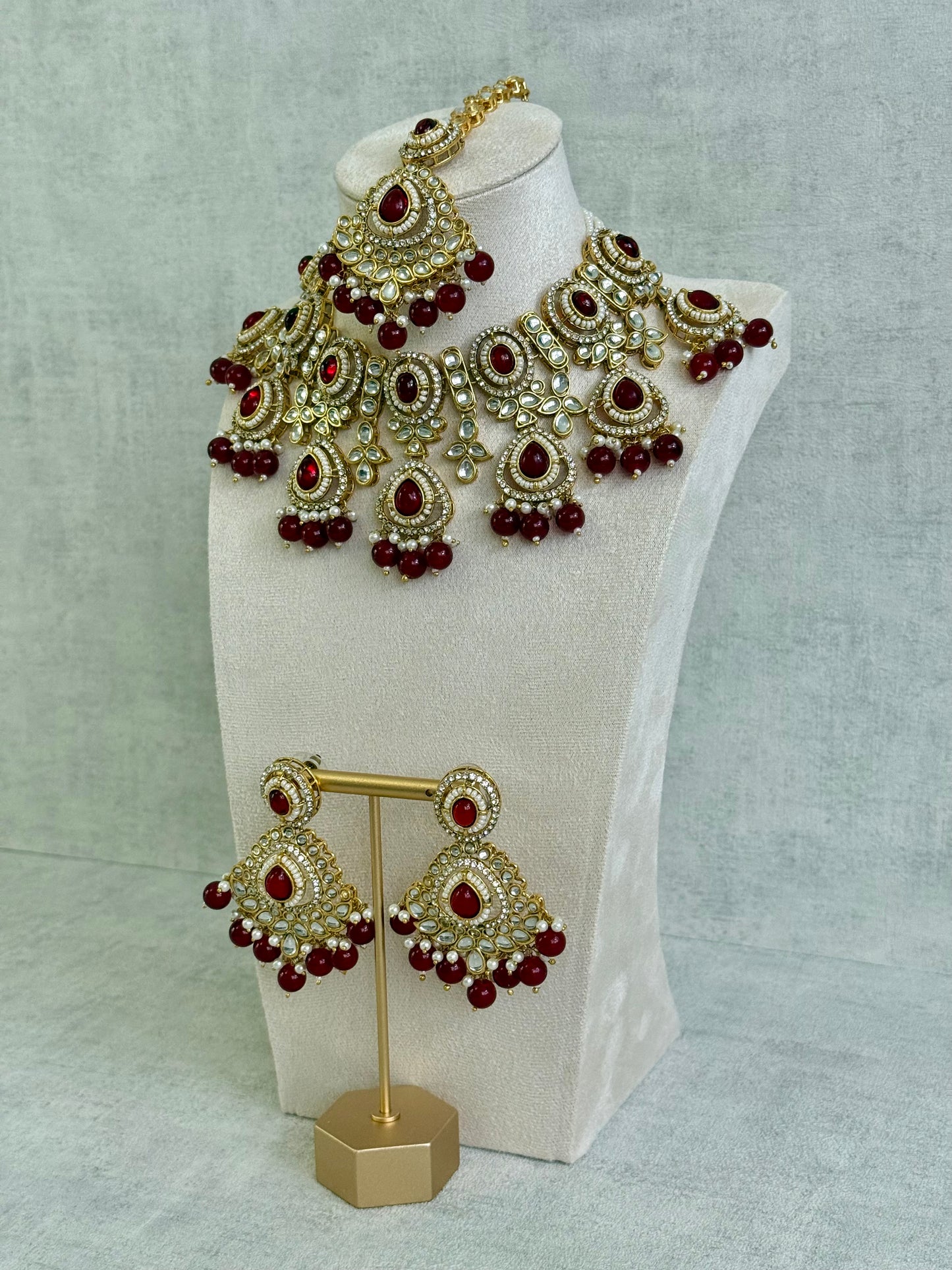 Ayura Designs Janvi Set with Necklace, Earrings & Tikka – Kundan Detailing, Ruby Red Beads & Ivory Pearl Drops