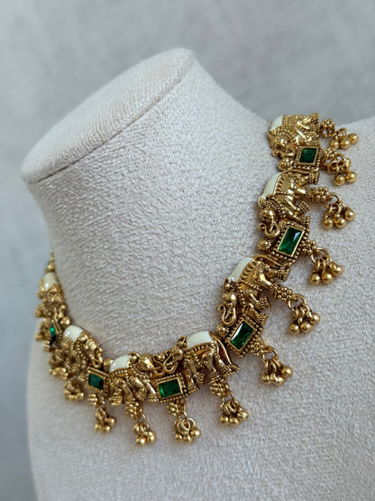 Ayura Designs Ruva Necklace Set with Earrings – Gold Finish, Emerald Green Stones, Ivory Detailing & Elephant Motifs