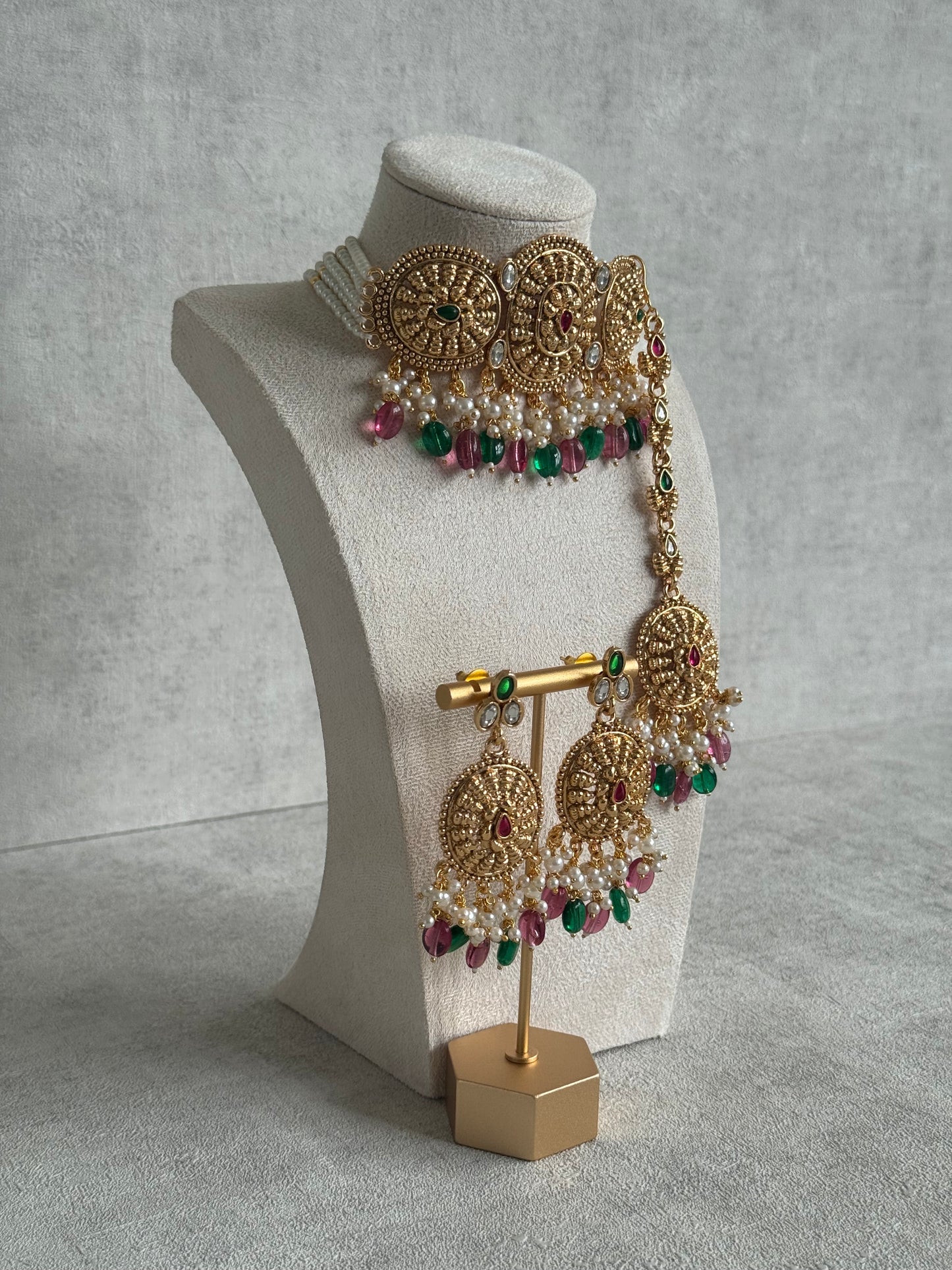 Ayura Designs Tanveer Choker Set with Earrings & Tikka – Antique Gold with Mirror-Cut Stones, Ruby & Emerald Beads