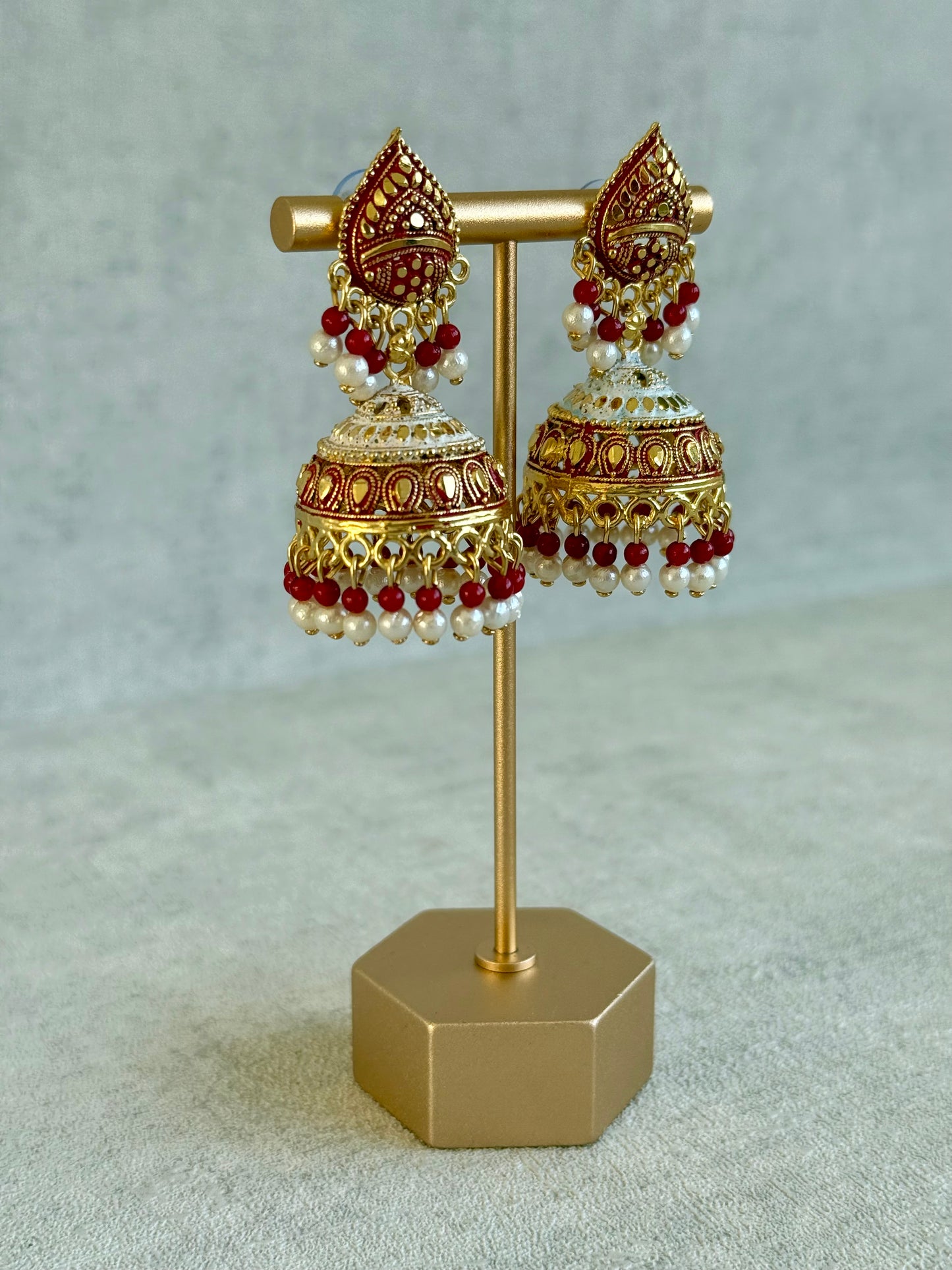 Ayura Designs Jogan Jhumkis – Red & White Beads with Antique Gold Detailing