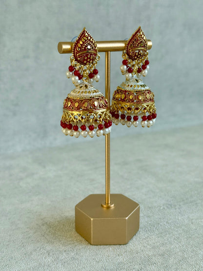 Ayura Designs Jogan Jhumkis – Red & White Beads with Antique Gold Detailing