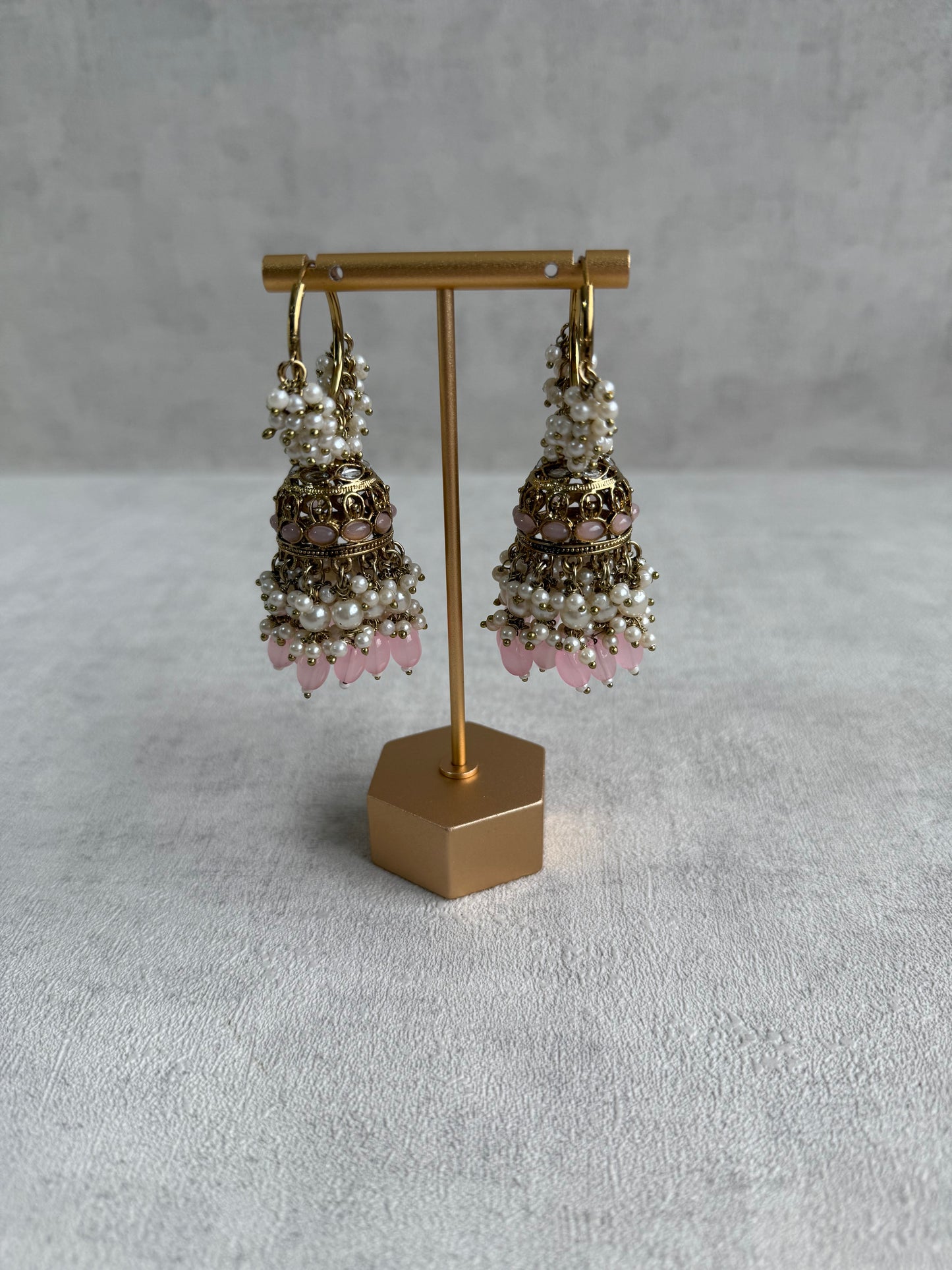 Ayura Designs Jugni Jhumkis – Antique Gold Balis with Blush Pink Beads & Pearl Clusters