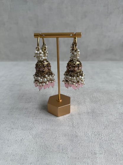 Ayura Designs Jugni Jhumkis – Antique Gold Balis with Blush Pink Beads & Pearl Clusters