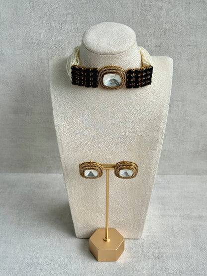 Ayura Designs Emma Choker Set – Black Gemstone Choker & Studs with Mirror-Cut Centrepiece, Pearl Strands & Crystal Borders