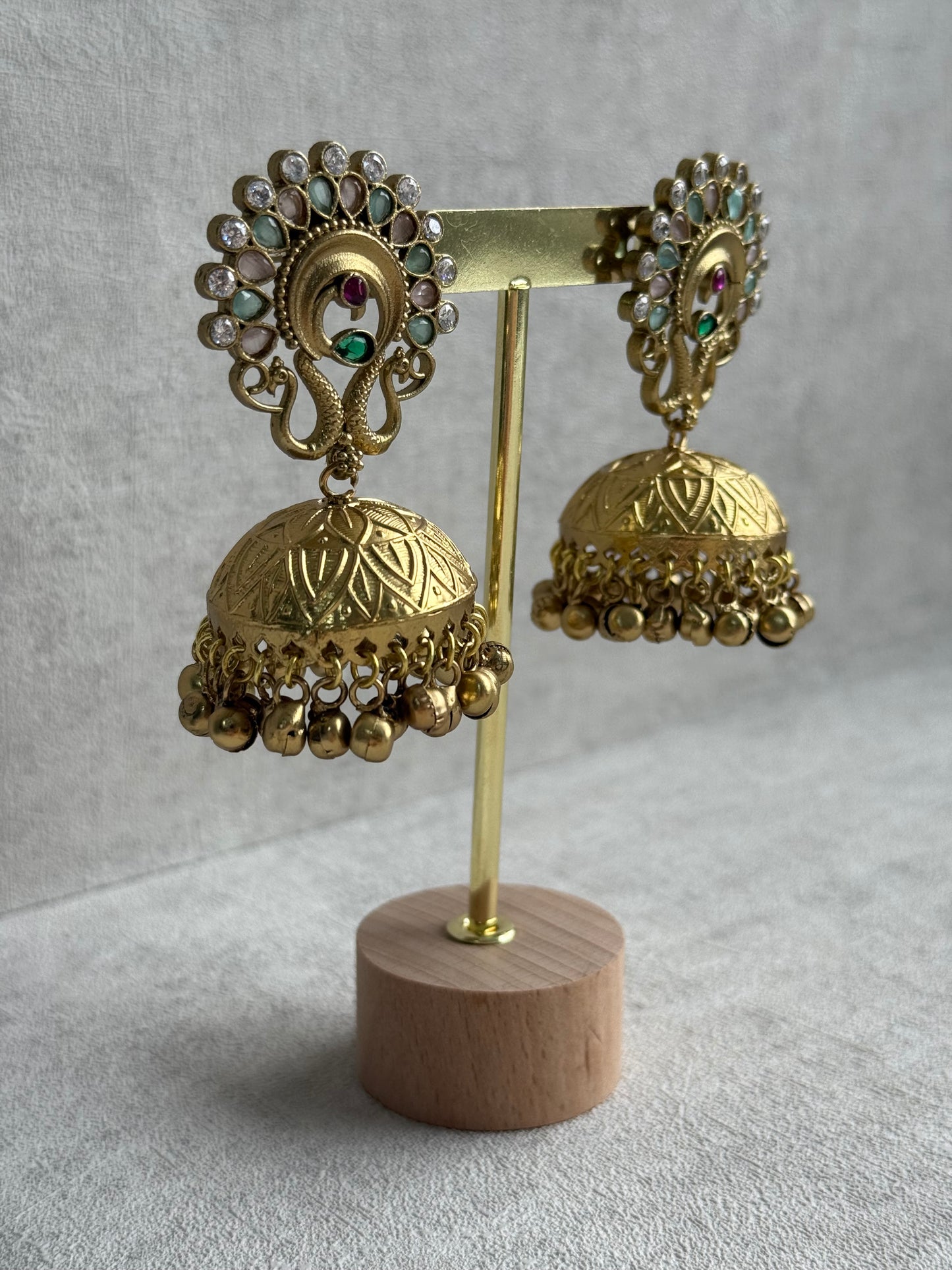 Ayura Designs Moraya Jhumkis – Mint Green & Blush Pink Peacock Motif with Antique Gold Detailing