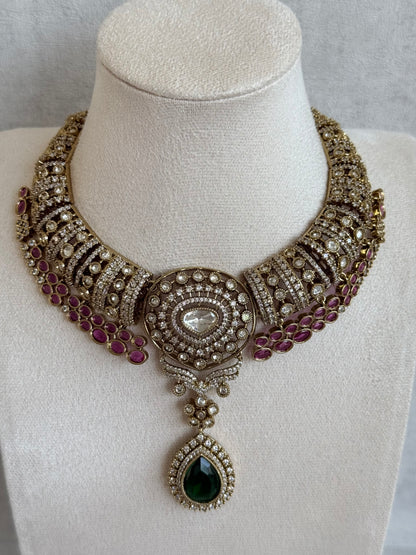 Ayura Designs Ahana Necklace Set with Earrings – Emerald Green Teardrop Stones, Ruby Pink Accents & Moissanite Detailing