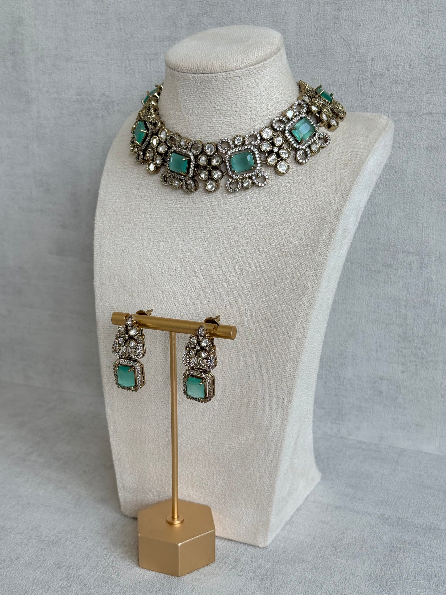 Ayura Designs Celine Necklace Set with Earrings – Moissanite Mint Green Statement Set