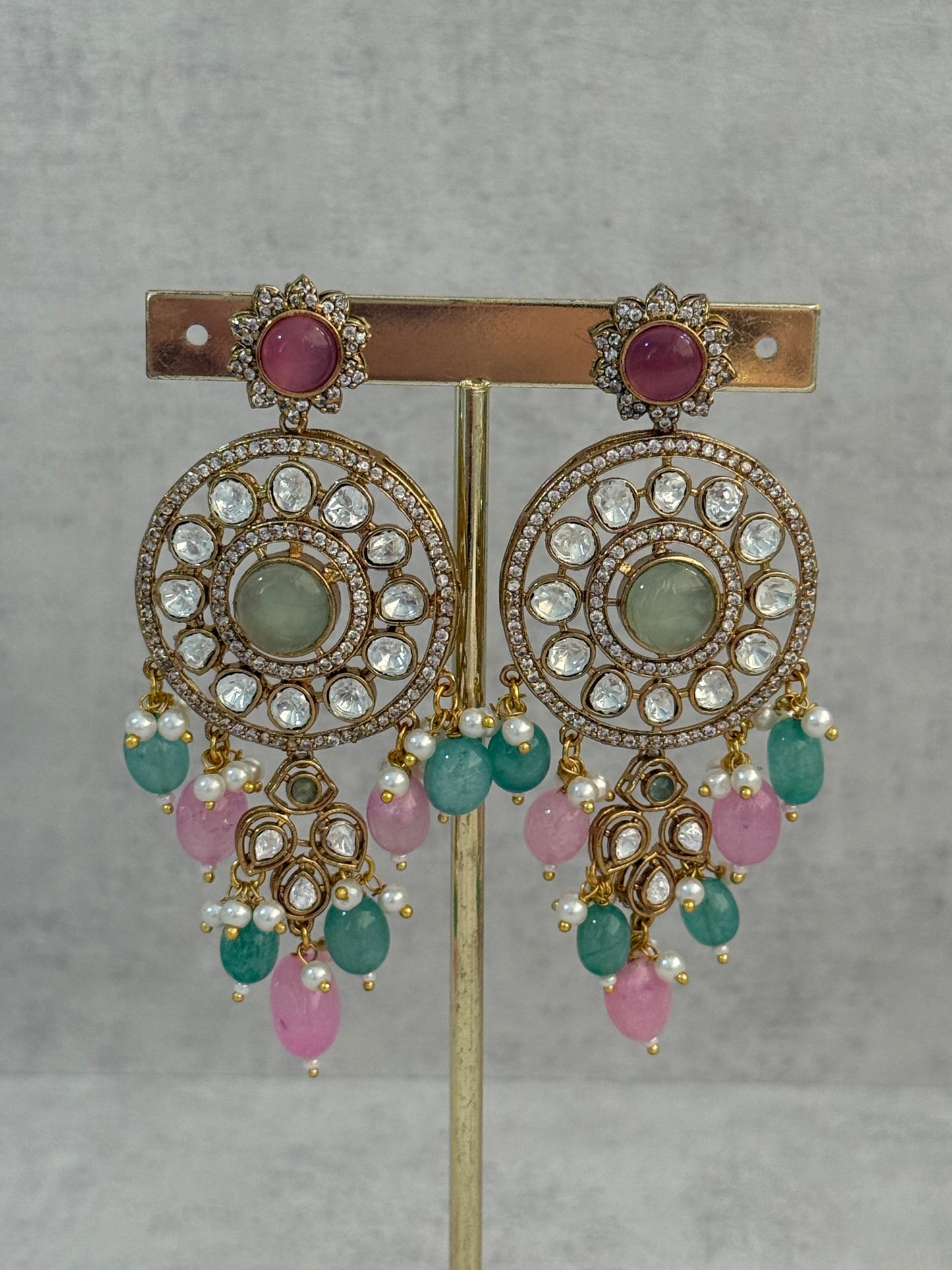 Ayura Designs Harper Set – Antique Gold Choker & Earrings with Mint Green & Blush Pink Beads, Kundan Stones & Pearl Detailing