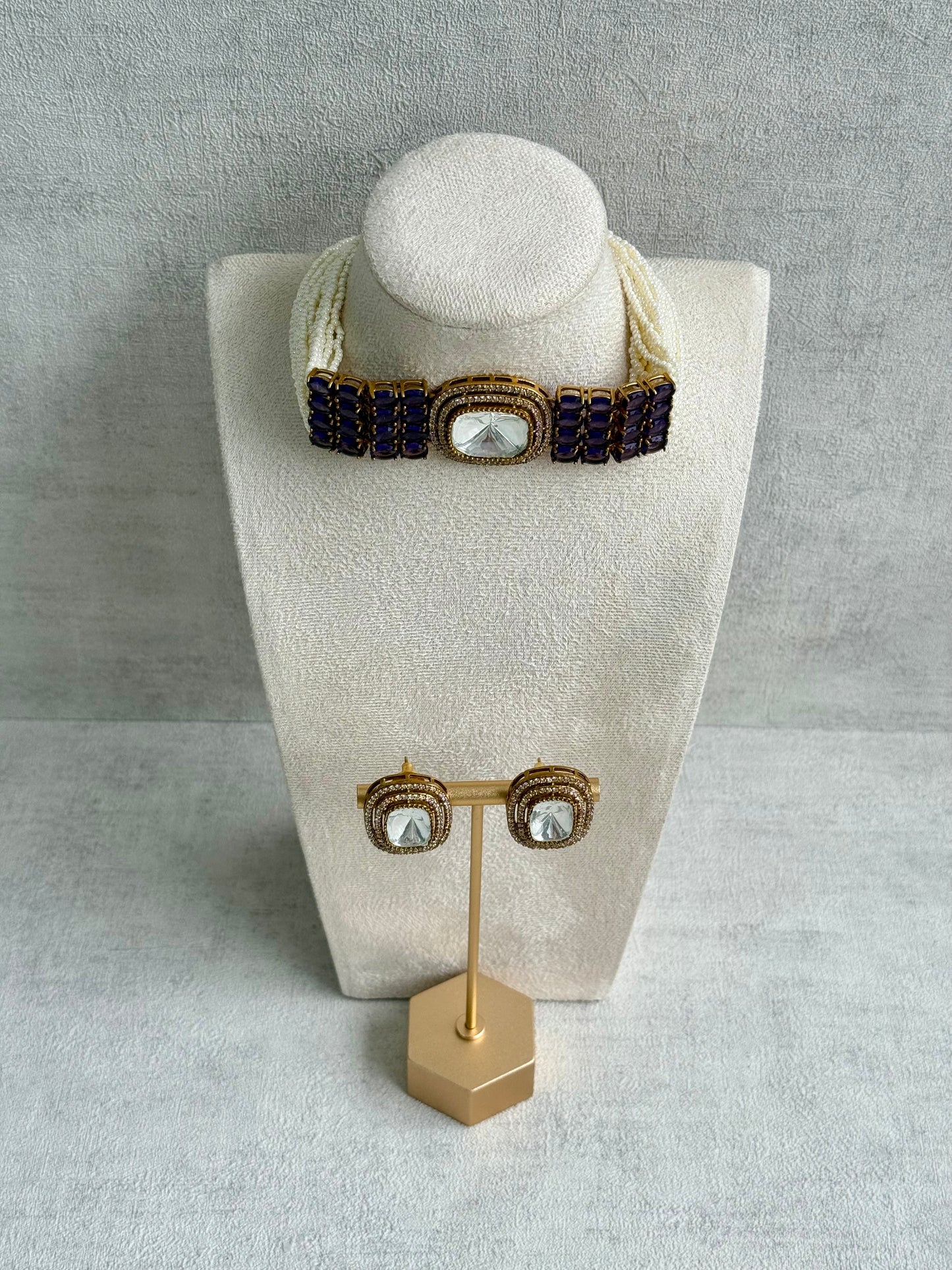 Ayura Designs Emma Choker Set – Deep Violet Gemstone Choker & Studs with Mirror-Cut Centrepiece, Pearl Strands & Crystal Borders