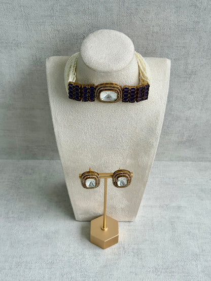 Ayura Designs Emma Choker Set – Deep Violet Gemstone Choker & Studs with Mirror-Cut Centrepiece, Pearl Strands & Crystal Borders