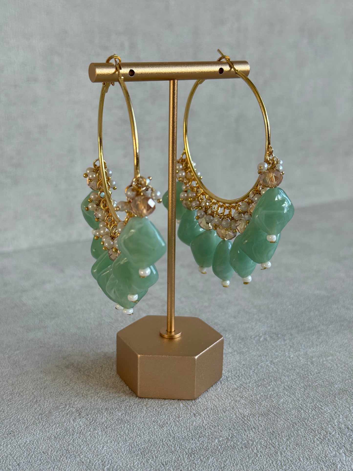 Ayura Designs Heer Balis – Gold Hoops with Mint Marble Beads, Pearls & Crystal Detailing