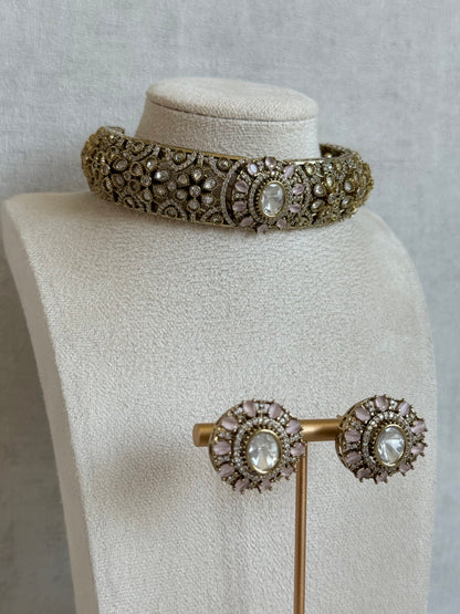 Ayura Designs Genevieve Choker Set with Studs – Blush Pink Crystal Kundan in Antique Gold