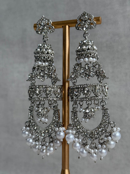 Ayura Designs Giselle Earrings – Silver Finish Chandbali Jhumkas with Mirror-Cut Stones & Pearl Drops