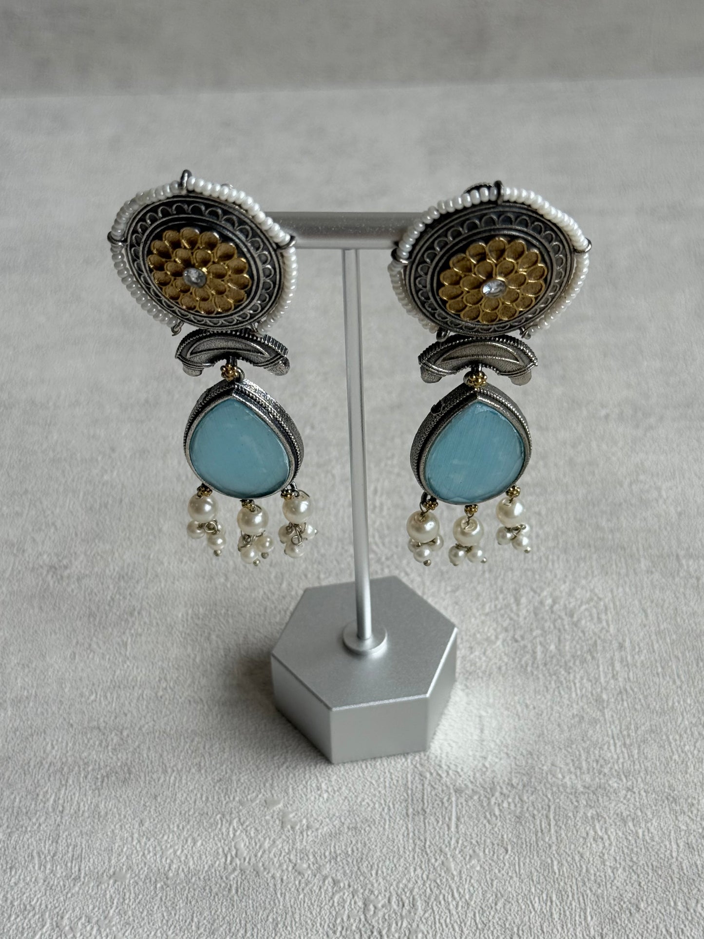 Ayura Designs Nazm Earrings – Dual Tone Oxidised Statement Earrings with Aqua Blue Stones & Pearl Clusters