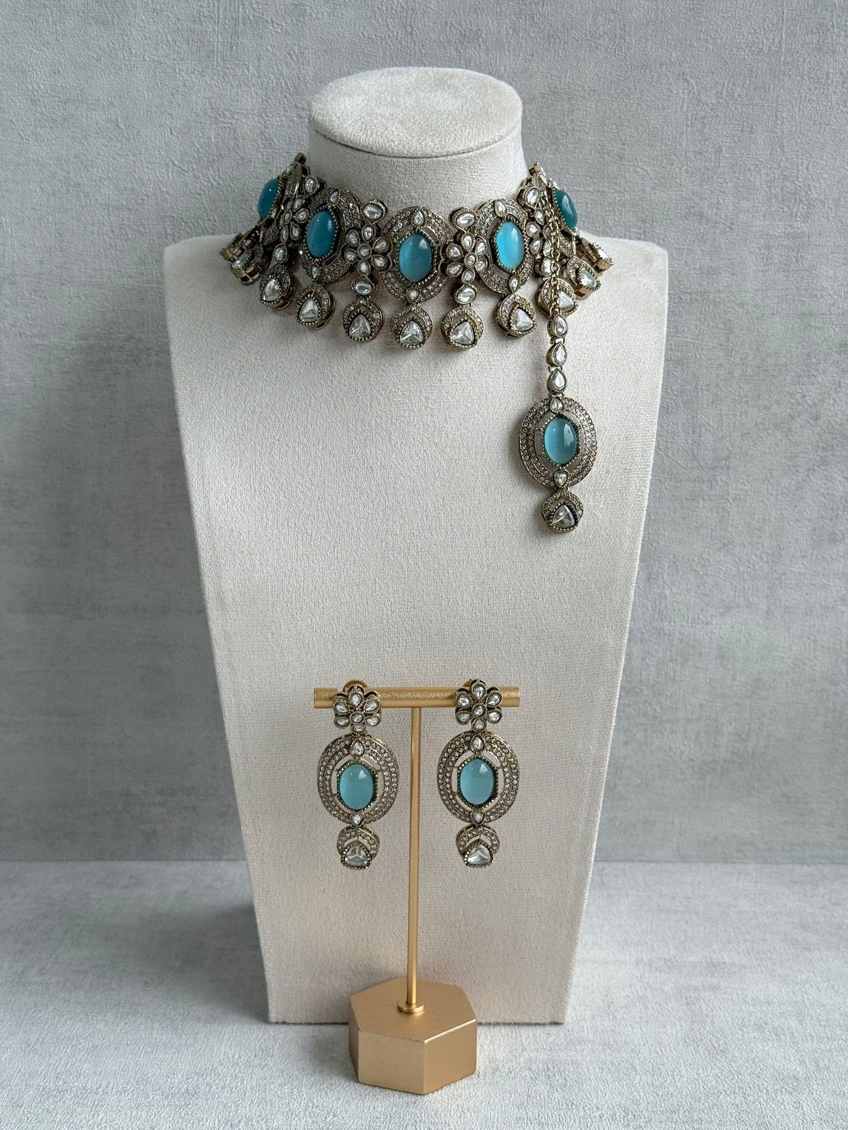 Ayura Designs Emanya Choker Set – Choker, Earrings & Tikka with Mirror-Cut Stones, Turquoise Blue & Antique Gold Detailing