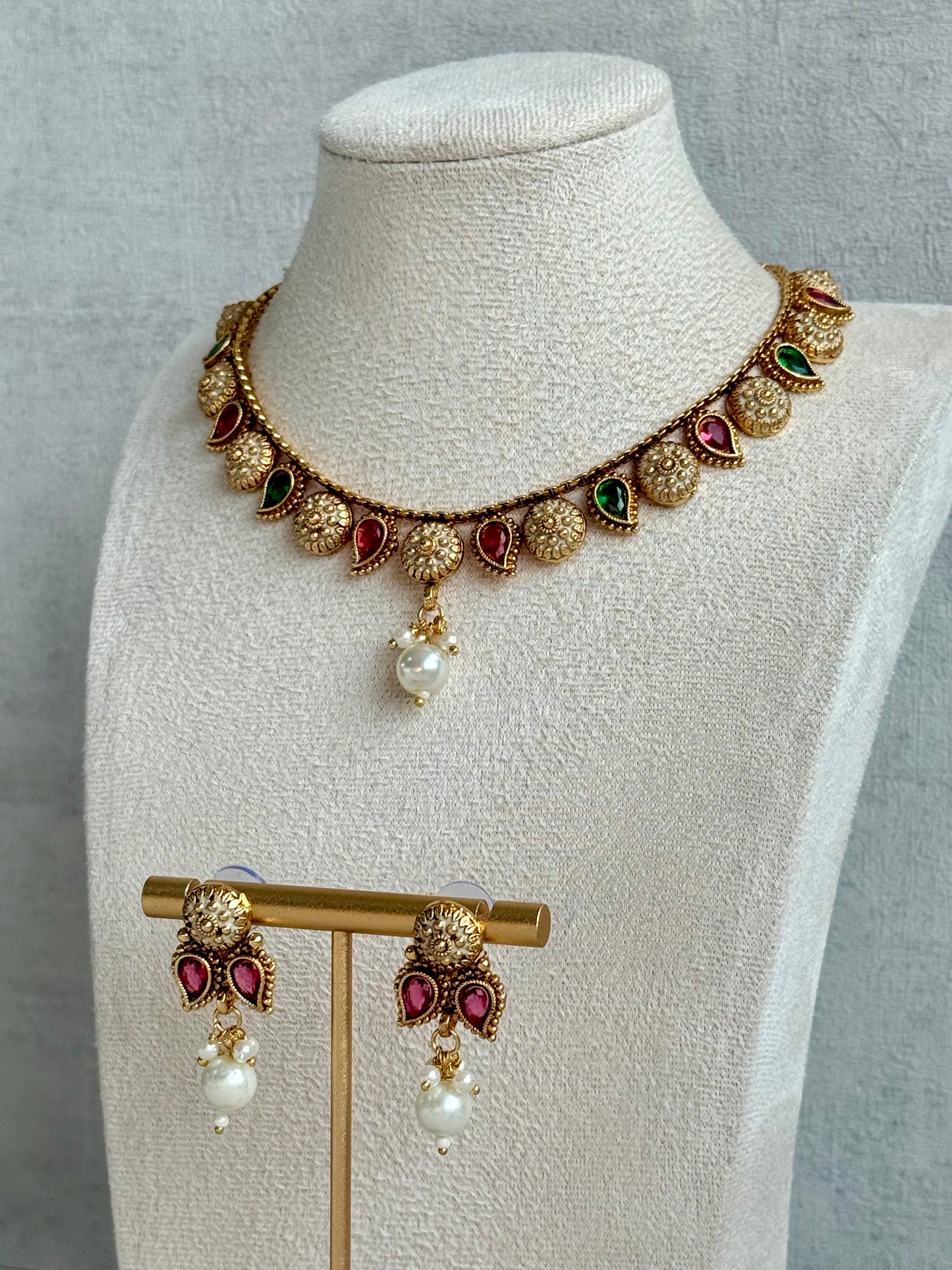 Ayura Designs Mayura Necklace Set with Earrings – Antique Gold Meenakari Motifs with Pearl Drop & Rani Pink and Emerald Green Stones