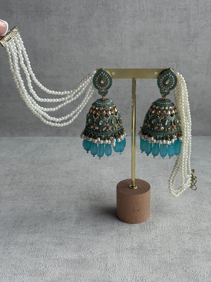 Ayura Designs Amrita Set – Jhumkis with Sahare & Tikka in Aqua Blue, Pearls and Antique Gold Finish