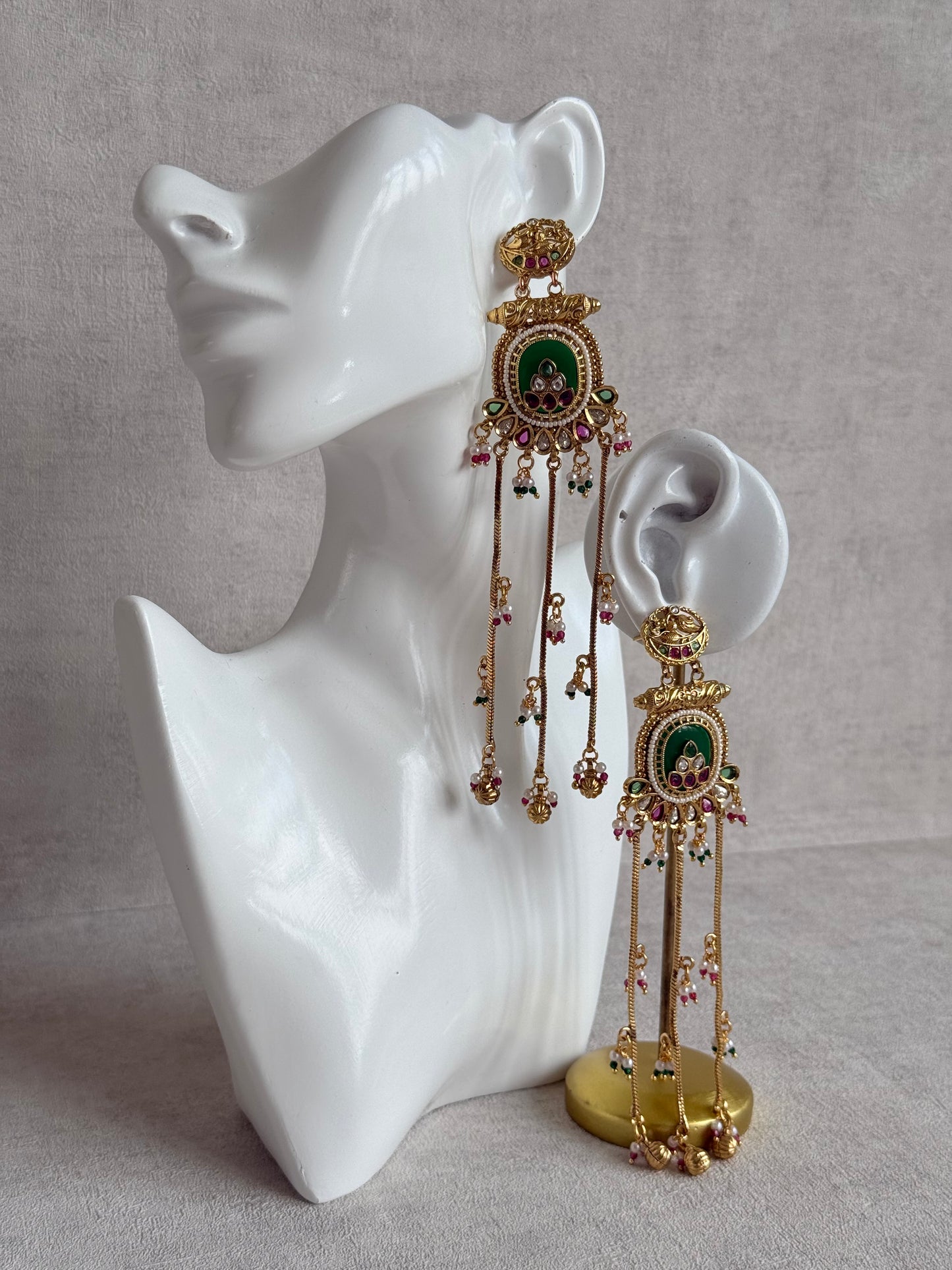 Ayura Designs Kaveri Earrings – Gold Long Chain Drop Earrings with Kundan, Pearls & Ghungroo Detailing – Emerald Green