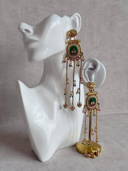 Ayura Designs Kaveri Earrings – Gold Long Chain Drop Earrings with Kundan, Pearls & Ghungroo Detailing – Emerald Green