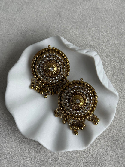 Ayura Designs Mitwa Earrings – Antique Gold Studs with Crystal Stones & Ghungroo Fringe