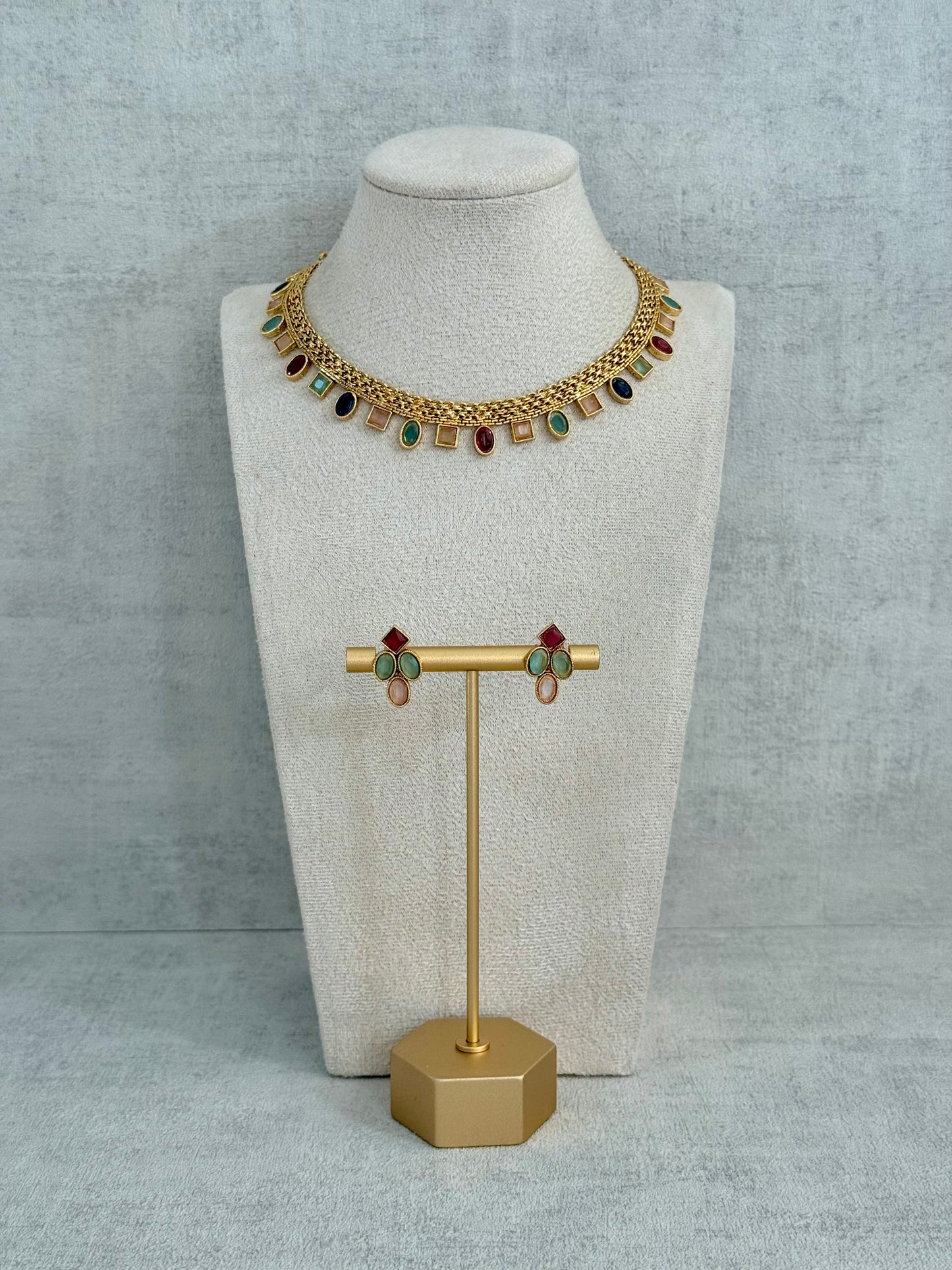 Ayura Designs Bhawani Set with Necklace & Stud Earrings – Multicolour Stone Charms in Antique Gold Finish