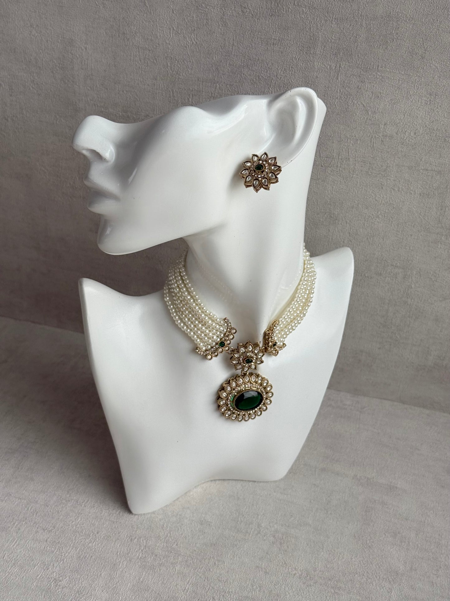 Ayura Designs Amaya Necklace Set with Studs – Antique Finish in Emerald Green Stones with Pearl Strands