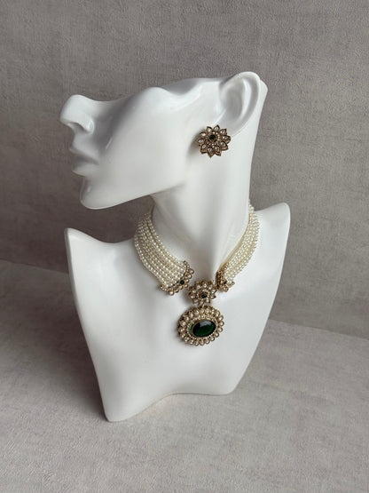 Ayura Designs Amaya Necklace Set with Studs – Antique Finish in Emerald Green Stones with Pearl Strands