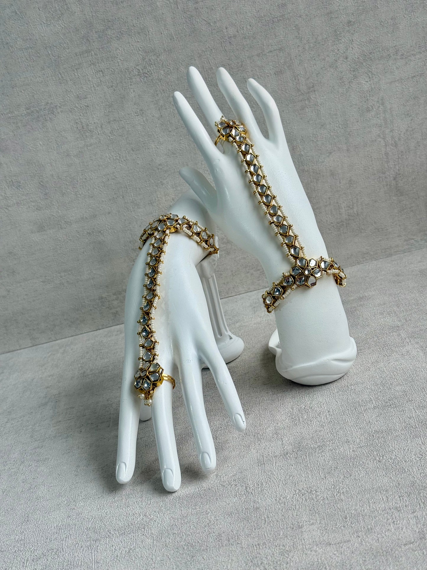 Ayura Designs Yara Haathphool – Mirror-Cut Stones with Pearl Bead Detailing in Antique Gold Finish