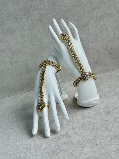 Ayura Designs Yara Haathphool – Mirror-Cut Stones with Pearl Bead Detailing in Antique Gold Finish