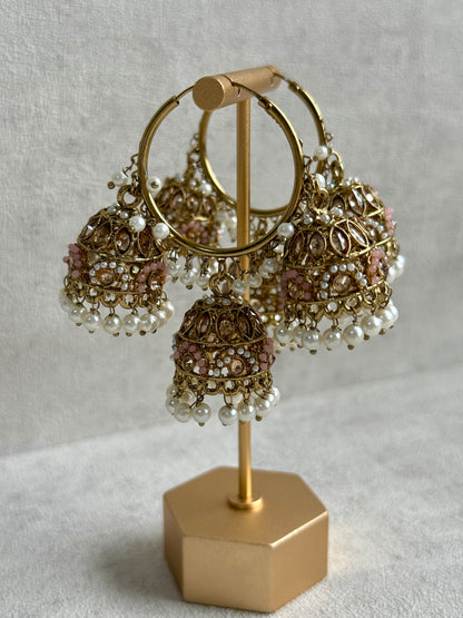 Ayura Designs Nakhra Balis – Blush Pink Triple Dome Earrings with Mirror-Cut Stones & Pearl Detailing