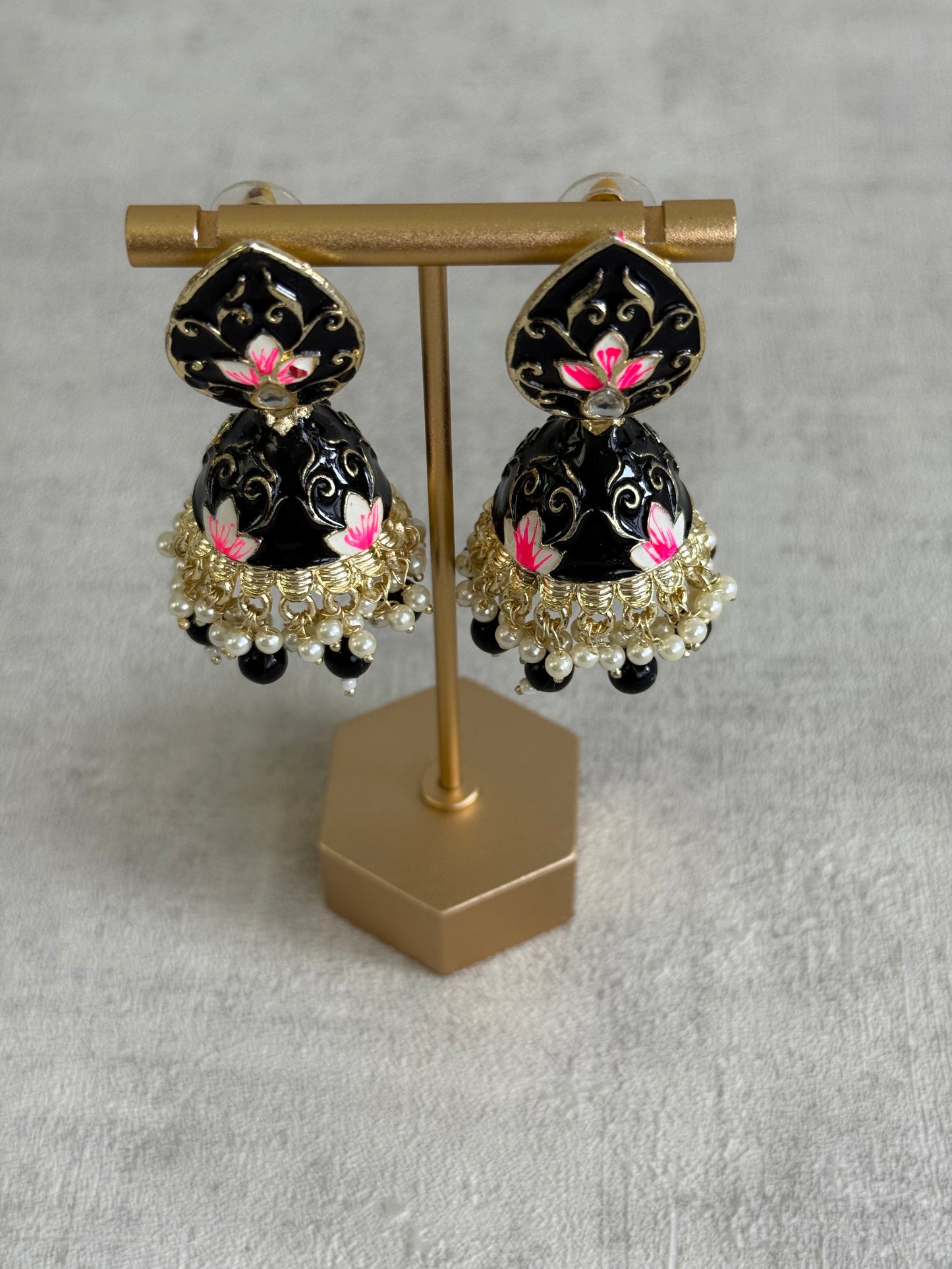 Ayura Designs Gia Jhumkis – Midnight Black Meenakari with Pink Lotus Motifs & Ivory Pearl Drops