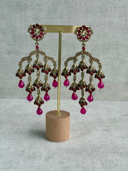 Ayura Designs Jasmine Earrings – Chandelier Earrings with Fuchsia Beads & Antique Gold Detailing