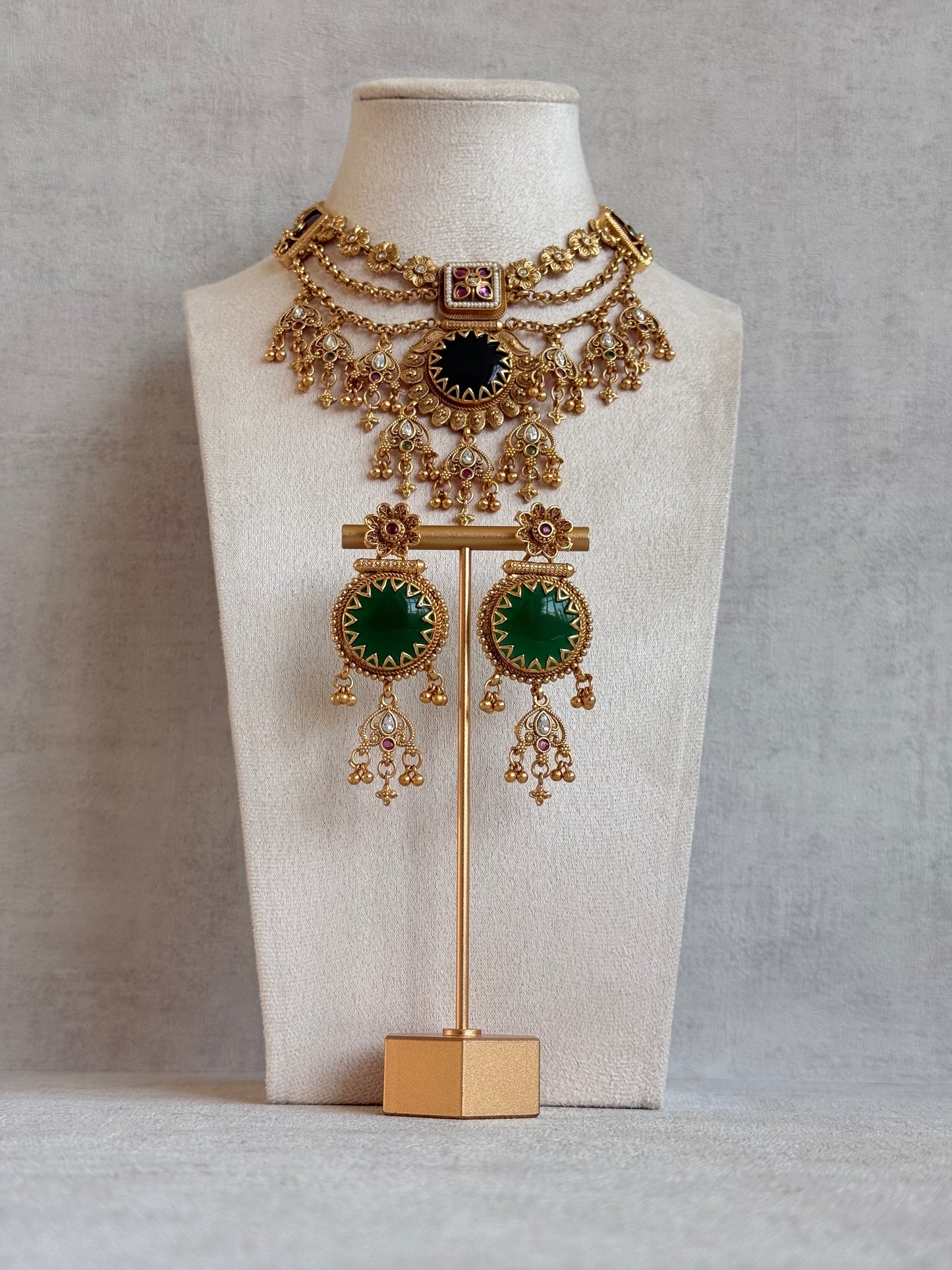 Ayura Designs Bolavi Necklace Set with Earrings – Green Stones, Kundan & Ghungroo Detailing