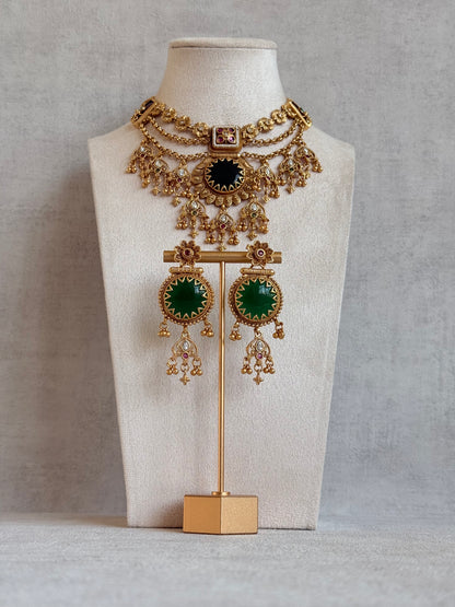 Ayura Designs Bolavi Necklace Set with Earrings – Green Stones, Kundan & Ghungroo Detailing