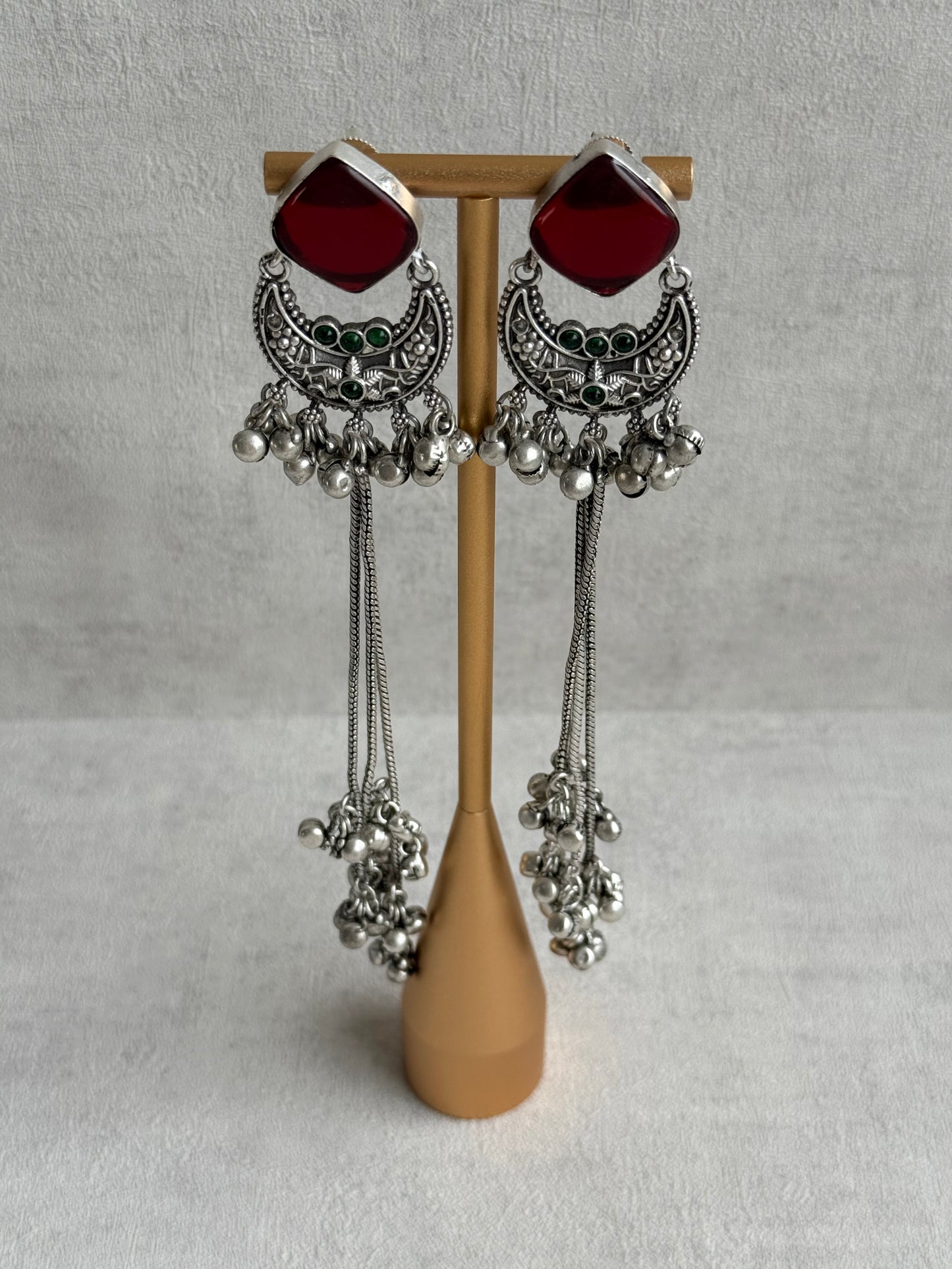 Ayura Designs Zarfa Earrings – Oxidised Earrings with Ruby Red Stones, Hanging Ghungroo Chains & Crescent Detailing