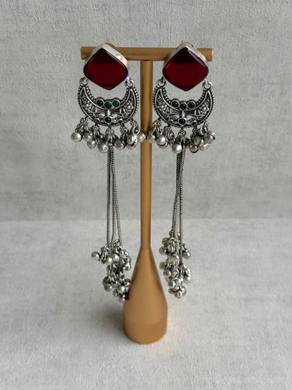Ayura Designs Zarfa Earrings – Oxidised Earrings with Ruby Red Stones, Hanging Ghungroo Chains & Crescent Detailing