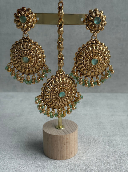 Ayura Designs Rummy Set – Statement Necklace, Earrings & Tikka with Pistachio Green Beads and Polished Gold Finish