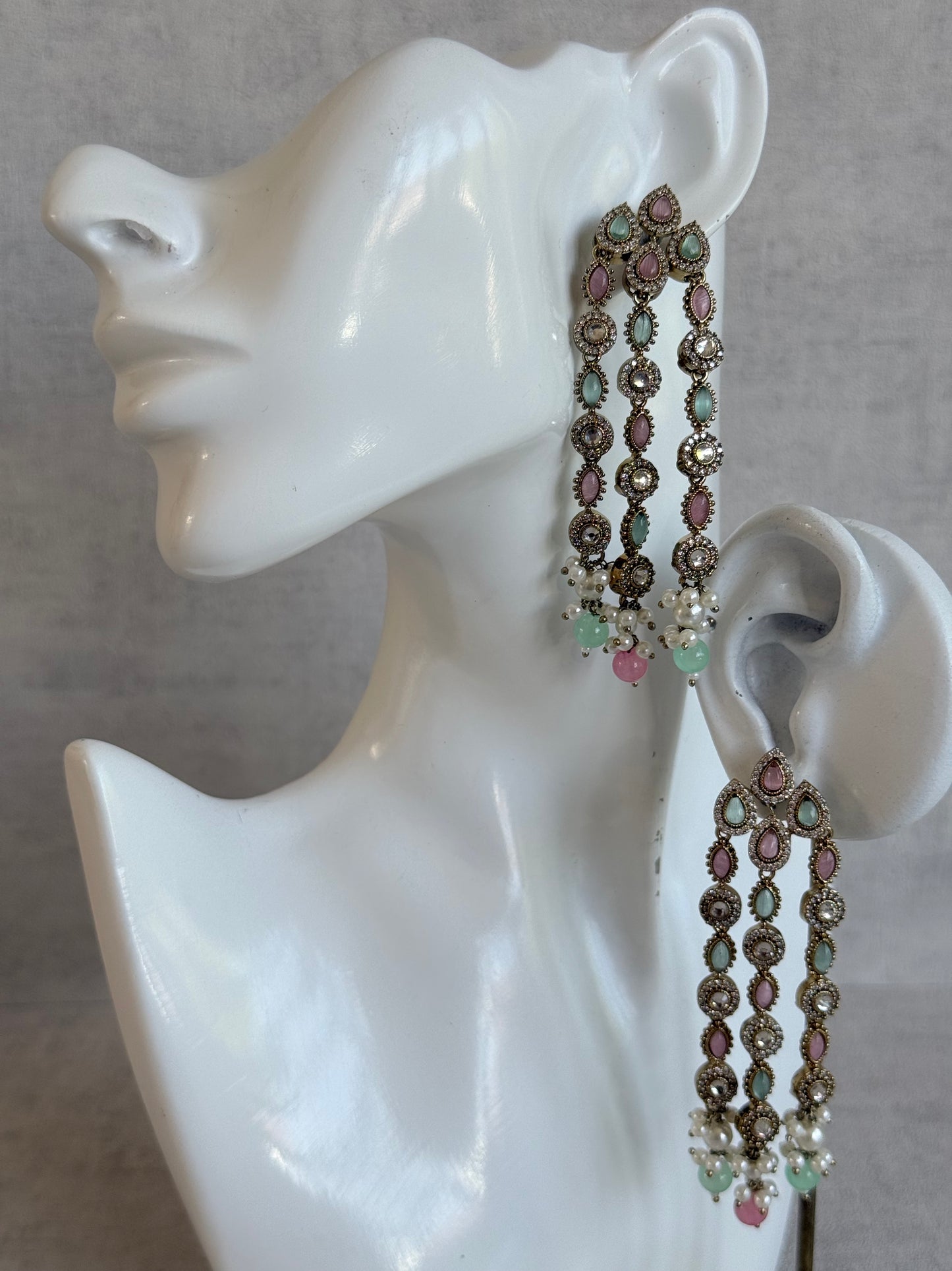 Ayura Designs Emilia Earrings – Gold Triple Strand Statement Earrings with Mint Green & Blush Pink Stones & Pearl Drops