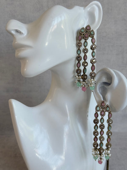Ayura Designs Emilia Earrings – Gold Triple Strand Statement Earrings with Mint Green & Blush Pink Stones & Pearl Drops
