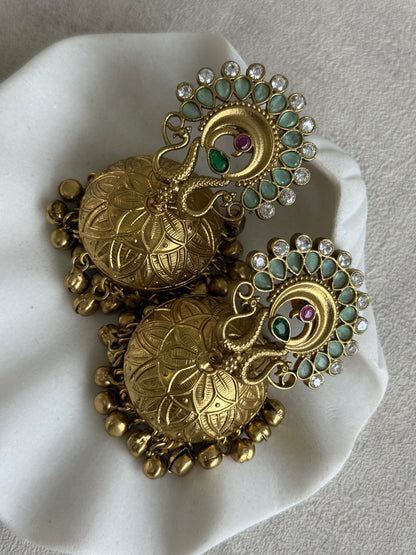 Ayura Designs Moraya Jhumkis – Mint Green Peacock Motif with Antique Gold Detailing
